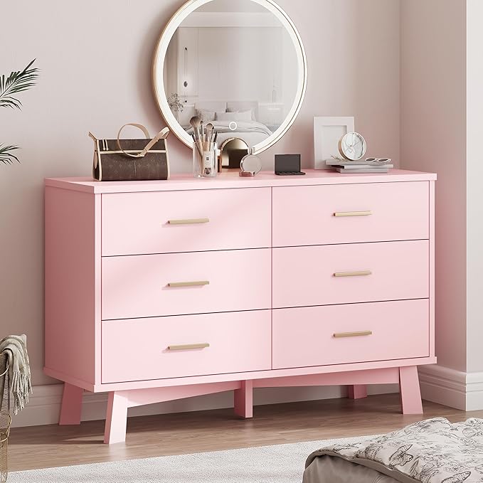 Dresser for Bedroom, 6 Drawer Wide Modern Chest of Drawers with X-Shaped Sturdy Base, Wood Double Dresser Closet Clothes Storage Organizer, Wooden TV Stand for Living Room, Hallway, Pink