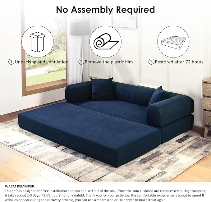 80" Convertible Sofa Bed, Corduroy Deep Seat Folding Pull Out Couch with Pillows, No Assembly Modern Boneless Couch Compression Sofa in Box, Floor Sofa with Storage Pocket for Living Room,Navy Blue