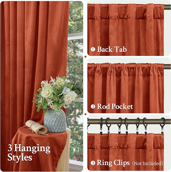 LAMIT Terracotta Velvet Curtains for Living Room, 96 Inch Thermal Insulated Noise Reducing Panels Rustic Vintage Room Darkening Drapes with Back Tab and Rod Pocket, 2 Panels, 52 x 96 Inch