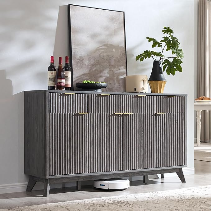 T4TREAM Large Buffet Sideboard Cabinet with Storages, 60" Fluted Modern Buffet Table Coffee Bar Wine Bar Storage Cabinet with 3 Drawers & 4 Doors for Dining Room, Living Room, Hallway(Dark Alder)
