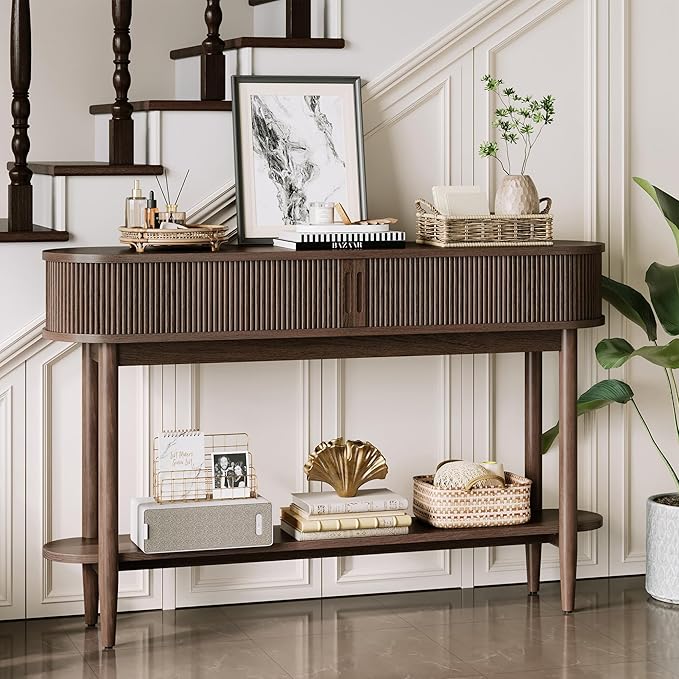 LINSY HOME Fluted Console Table, Mid-Century Modern Entryway Cabinet with Sliding Tambour Doors, Narrow Long Sofa Table, Behind-The-Couch Table for Living Room, Hallway (Brown Oak)