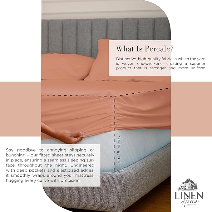 Linen Home 100% Cotton Percale Sheets Queen Size, Tera Clay, Deep Pocket, 4 Pieces Set - 1 Flat, 1 Deep Pocket Fitted Sheet and 2 Pillowcases, Crisp Cool and Strong Bed Linen