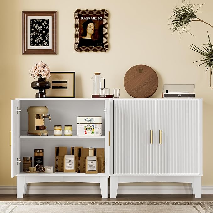 Storage Cabinet with Doors and Adjustable Shelf, Modern Fluted Sideboard Buffet Cabinet, Freestanding Coffee Bar for Kitchen, Pantry, Entryway, Living Room (White)