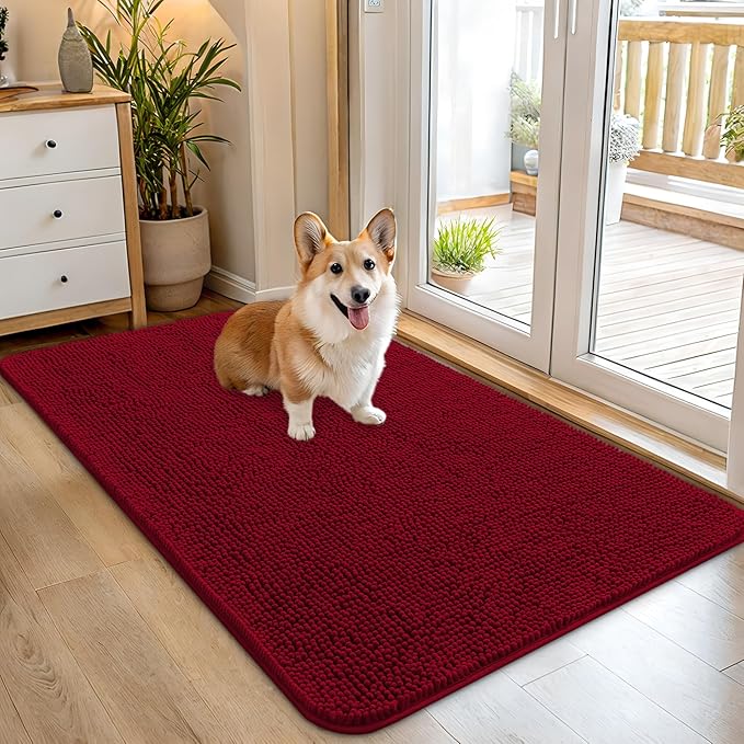 OLANLY Dog Door Mat for Muddy Paws 45x27, Absorbs Moisture and Dirt, Absorbent Non-Slip Washable Doormat, Quick Dry Chenille Mud Mat for Dogs, Entry Indoor Entryway Carpet for Inside Floor, Red