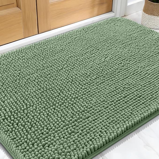 OLANLY Dog Door Mat for Muddy Paws 30x20, Absorbs Moisture and Dirt, Absorbent Non-Slip Washable Doormat, Quick Dry Chenille Mud Mat, Entry Indoor Entryway Carpet for Inside Floor, Olive Green