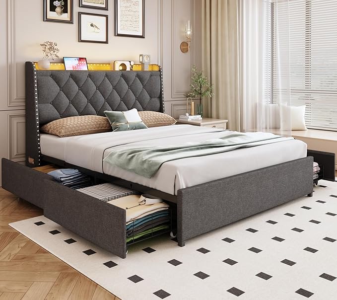 Full Size Bed Frame with 4 Drawers and Storage Headboard, Upholstered Button Linen Platform Full Bed with Led Lights and Handy Charging Station, No Box Spring Needed, Easy Assembly, Noise Free, Grey