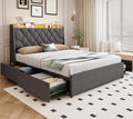 Full Size Bed Frame with 4 Drawers and Storage Headboard, Upholstered Button Linen Platform Full Bed with Led Lights and Handy Charging Station, No Box Spring Needed, Easy Assembly, Noise Free, Grey
