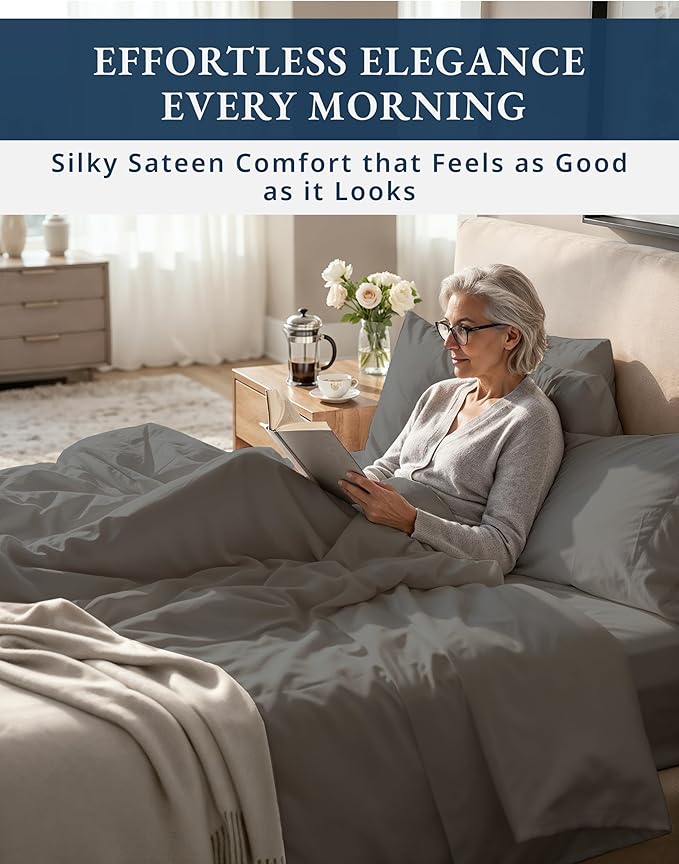100% Egyptian Cotton Sheets Queen Size Bed Set – 1000 Thread Count Cooling & Breathable Sateen Queen Sheets Set, Authentic Long-Staple Cotton for Lasting Softness, Snug Fit 15" Deep Pocket - Charcoal