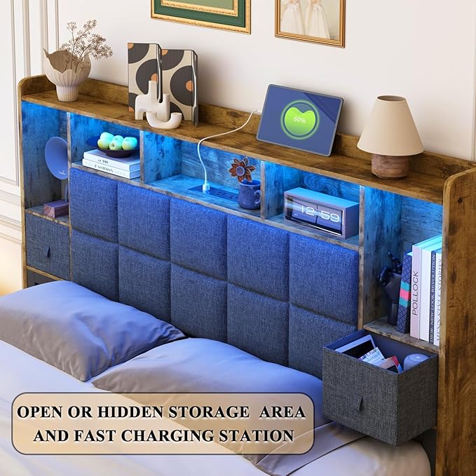 King Size Bed Frame with Bookcase Storage Drawers, LED Lights, Upholstered Platform Bed Frame with Headboard, Charging Station, Metal Slats Support, Noise Free, No Box Spring Needed, Grey