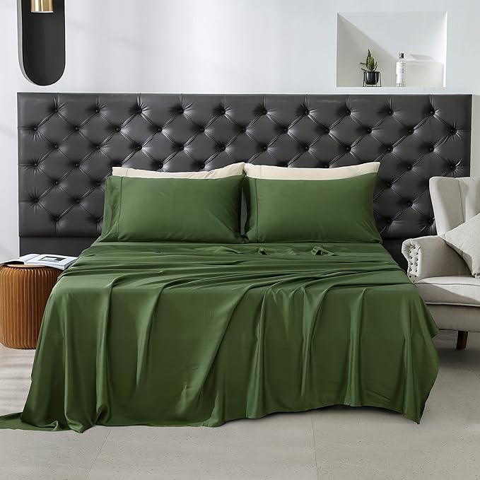 Linen World King Size 400TC Cooling Bed Sheet Set - 100% Organically Grown Viscose Sheets, Silky Soft & Breathable, Deep Pocket Fits Up to 16", 4-Piece Sheets with Pillowcases,Juniper Green