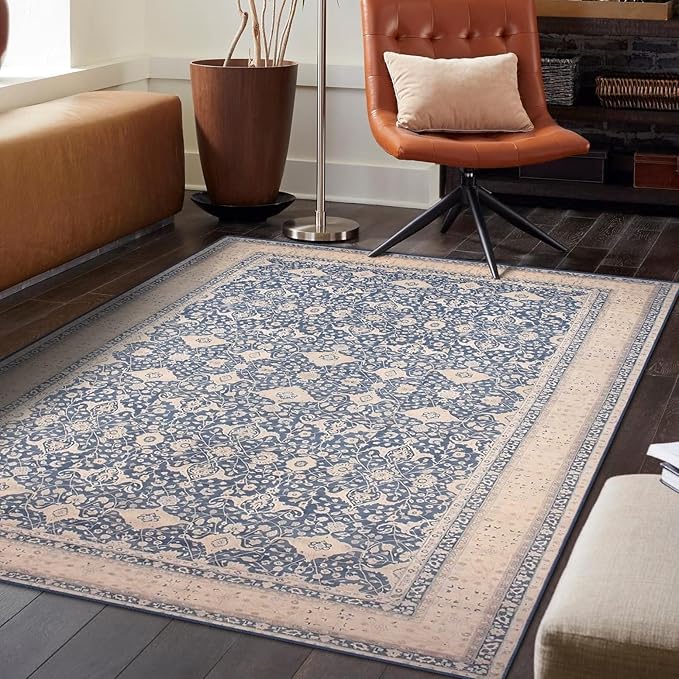 vivorug 5x7 Area Rugs - Ultra-Thin Washable Rug with Non-Slip Backing, Ideal for Living Room, Bedroom, Dining Room Indoor - Vintage Floral, Easy Clean, Durable, Low Pile Rug Blue
