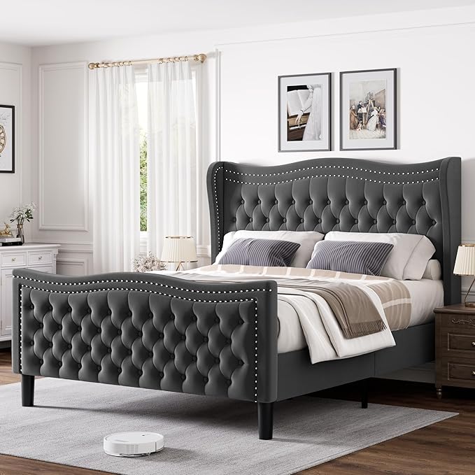 Full Bed Frame with Tall Headboard & Footboard, Velvet Upholstered Platform Bed Frame with Deep Button Tufted Wingback, No Box Spring Needed, Noise Free, Grey