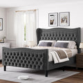 Full Bed Frame with Tall Headboard & Footboard, Velvet Upholstered Platform Bed Frame with Deep Button Tufted Wingback, No Box Spring Needed, Noise Free, Grey