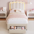 Velvet Upholstered Twin LED Bed Frame with Storage Drawer and Adjustable Chic Double Wavy Headboard, Princess Platform Bed for Kids/Girls, Solid Wood Slats Support, No Box Spring Needed, Beige