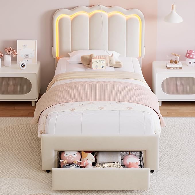 Velvet Upholstered Twin LED Bed Frame with Storage Drawer and Adjustable Chic Double Wavy Headboard, Princess Platform Bed for Kids/Girls, Solid Wood Slats Support, No Box Spring Needed, Beige
