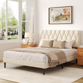 Queen Size Bed Frame with Diamond Tufted Headboard, Velvet Upholstered Platform Bed and Wooden Slat Support, Noise-Free, No Box Spring Needed, Easy Assembly, Beige