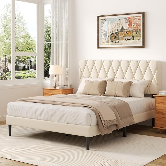 Full Size Bed Frame with Diamond Tufted Headboard, Velvet Upholstered Platform Bed and Wooden Slat Support, Noise-Free, No Box Spring Needed, Easy Assembly, Beige