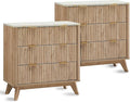 T4TREAM Fluted 3 Drawers Nightstand Set of 2, Oversized Extra Large Modern Side Table with Faux Marble Top, End Table Bedside for Bedroom, Living Room, Curved Profile Design, Natural Oak