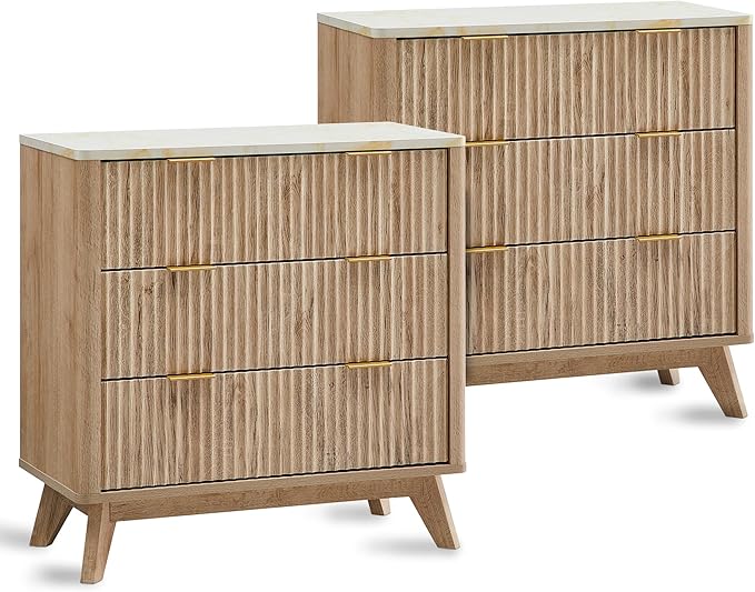 T4TREAM Fluted 3 Drawers Nightstand Set of 2, Oversized Extra Large Modern Side Table with Faux Marble Top, End Table Bedside for Bedroom, Living Room, Curved Profile Design, Natural Oak