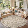 jinchan Torino Classic Floral Round Rug 8ft, Vintage-Inspired Neutral Design 8’Circle Rug, Machine Washable Ultra-Thin Low-Pile Non-Slip Indoor Carpet for Bedroom Dining Room Living Room, Taupe