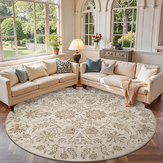 jinchan Torino Classic Floral Round Rug 7ft, Vintage-Inspired Neutral Design 7’Circle Rug, Machine Washable Ultra-Thin Low-Pile Non-Slip Indoor Carpet for Bedroom Dining Room Living Room, Taupe