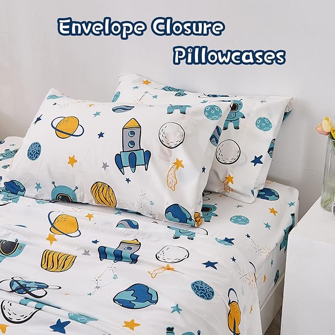 JSD Blue Astronaut Kids Sheet Set Twin Size, 3 Piece Space Rocket Printed Microfiber Bed Sheets Deep Pocket