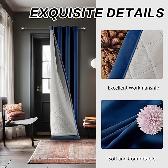 3-in-1 Thermal Grommet Blackout Curtains for Bedroom-100% Blackout Sound Proof Curtains for Winter 1 Panel Navy Blue 50x84 Inch