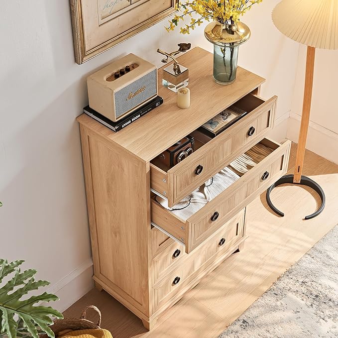 Farmhouse 5 Drawer Dresser for Bedroom, 42" Tall Small Dressers & Chest of Drawers, Rustic Wood Dresser with Metal Handle, Storage Organizer Closet for Living Room, Hallway, Entryway