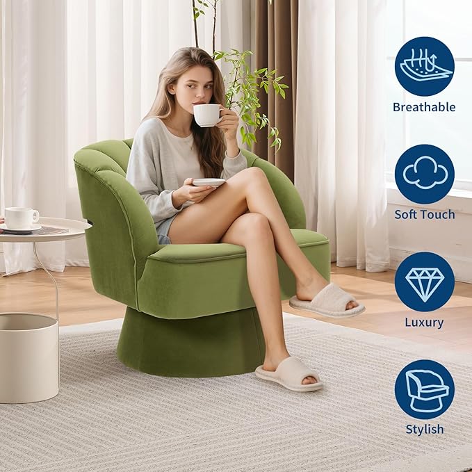 GarveeHome Modern Swivel Barrel Accent Chair, 360 Degree Velvet Upholstered Armchair with Striped Backrest & Plush Padding, Comfy Round Lounge Chair for Living Room, Bedroom, Reading Nook, Green 2 PCS