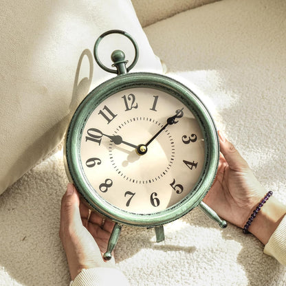 EMAX Home Vintage Green Rustic Retro Table Clock, Silent Non-Ticking, Battery Operated, 10.5"H, 7.28"W, Green Dial, Tabletop, Indoor, Kitchen