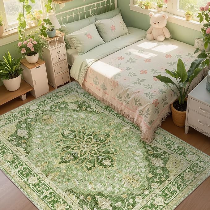Area Rugs 9'x12' Washable Non-Slip, Floral Vintage Distress Print Pattern Medallion Carpet for Living Room Bedroom Dining Room, Sage Green Yellow