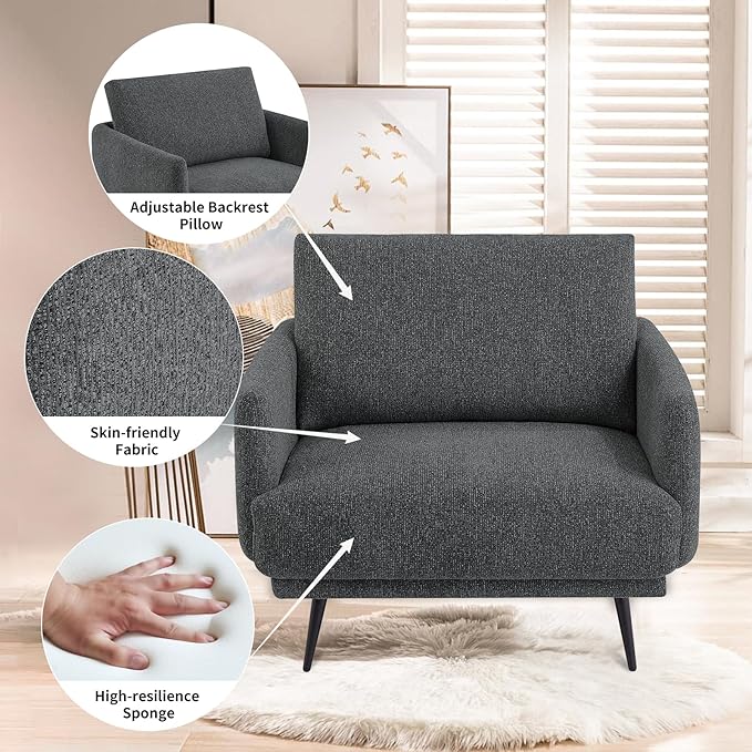 Oversized Accent Chair for Living Room Cozy Reading Chairs Mid-Century Modern Accent Chairs Armchair with Metal Legs Single Sofa Chair for Home Office (Set-of-2, Chenille Fabric- Dark Grey)