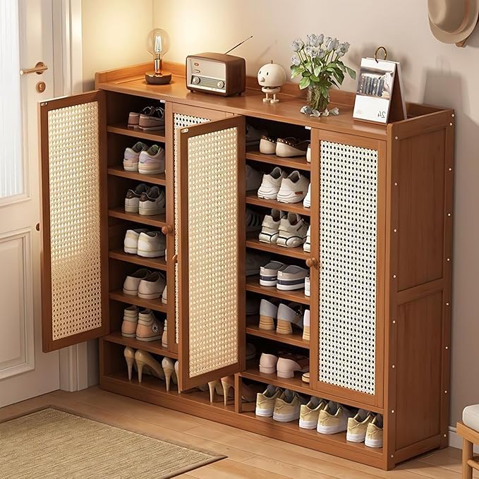 Bamboo Shoe Cabinet, 36-40 Pairs 8 Tier Shoe Rack with Doors, Freestangding Shoe Cabinet Organizer with Shelves, 43" Tall Shoe Rack Organizer for Entryway, Closet, Hallway