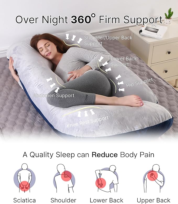 ALLOPERA Pregnancy Pillow, Full Body Maternity Pillow 57 inch, with Removable Washable Cover - Sleep Support for Legs, Back, Neck, Shoulder, HIPS, Belly, Velvet Cover-Grey-Dark Blue