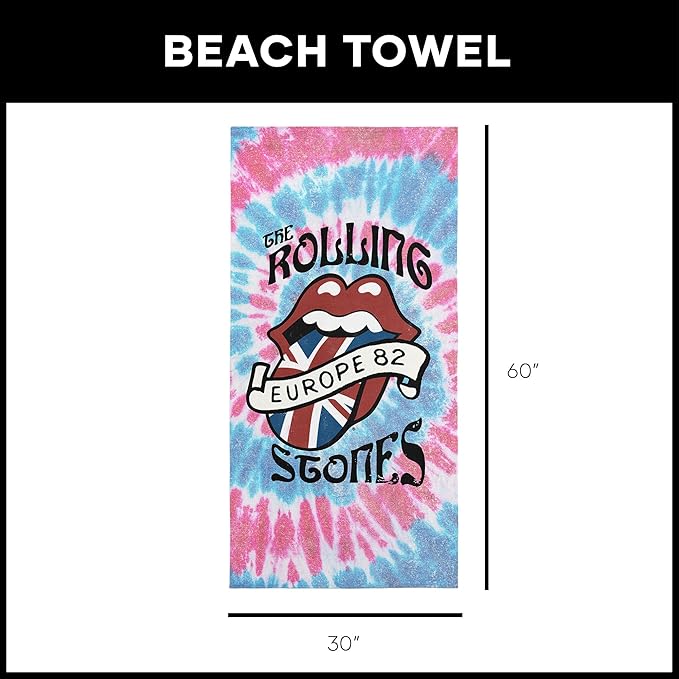 Northwest The Rolling Stones European Tour Beach Towel, Rock and Roll Pool and Bath Towel, Soft and Absorbent, Quick Dry, 30 x 60 inches