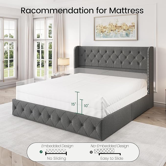 LARMACE Upholstered King Size Bed Frame with 4 Storage Drawers and Wingback Headboard Tufted Platform Bed Frame Linen Beds with Wooden Slats Support, Easy Assembly, Light Grey
