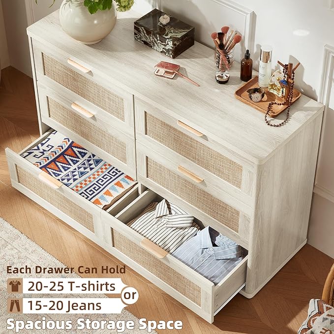 LEYAOYAO Rattan Dresser and Nightstand Sets 3 Piece, Boho Wood Dresser for Bedroom with 6 Drawers and Night Stand with 3 Drawer, Bedroom Furniture, Dressers & Chests of Drawers, Living Room, Hallway