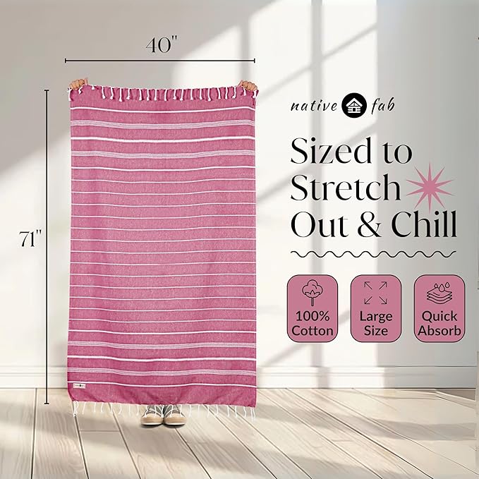 Native Fab Oversized Turkish Beach Towels 4 Pack, Fast Drying, Lightweight, Sand Free, Multipurpose Cotton for Pool, Spa, Travel, Summer - Black, Burgundy, Indigo Blue, Orange