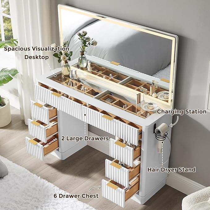 T4TREAM 48" Fluted Makeup Vanity Desk with Large Led Lighted Mirror, Modern Vanity Table with 8 Drawers & Charging Station, Glass Top Dressing Table for Bedroom, White