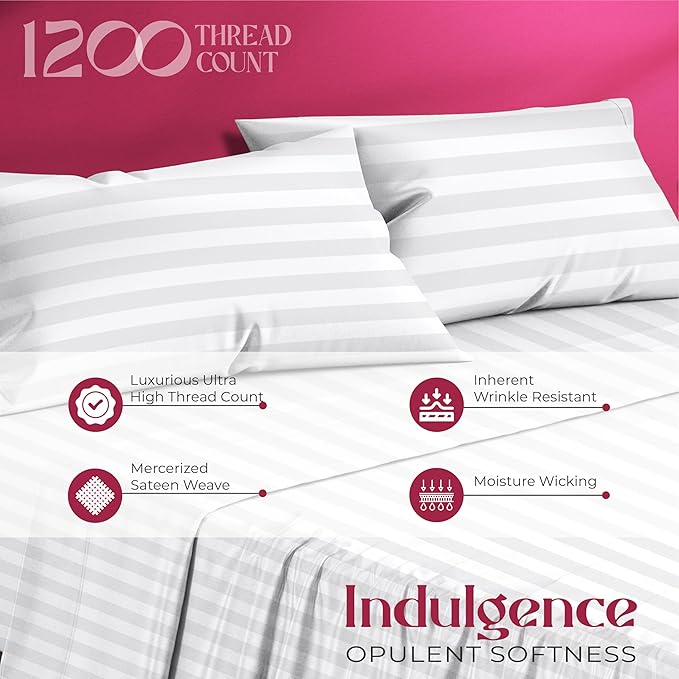 Mayfair Linen 100% Egyptian Cotton Sheets King Size - 1200 Thread Count King Size Sheets Set Egyptian Cotton, 4 PC Damask Luxury Bedsheet, Soft Cooling, 17" Deep Pocket Sateen Weave - White Stripe