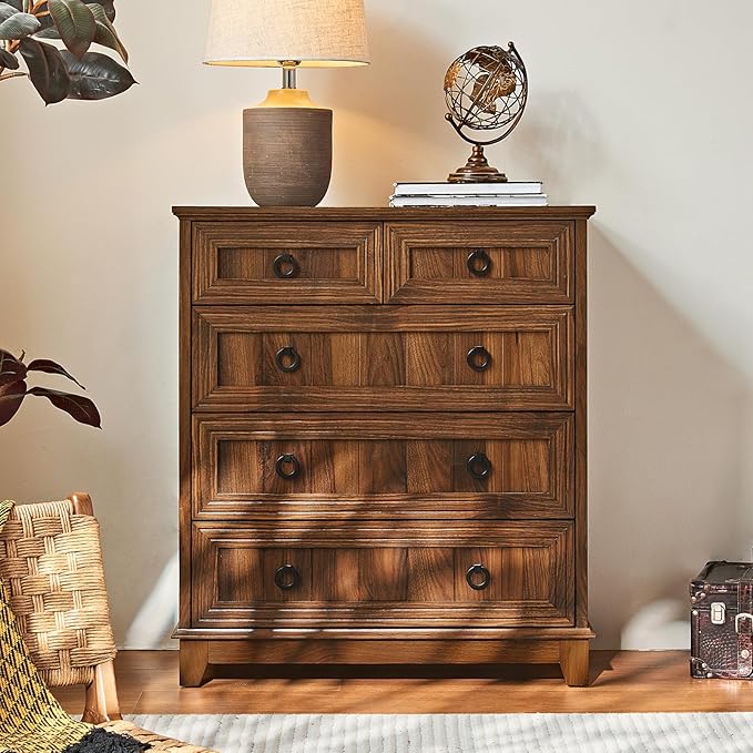 Farmhouse 5 Drawer Dresser for Bedroom, 33.2" Tall Small Dressers & Chest of Drawers, Rustic Wood Dresser with Metal Handle, Storage Organizer Closet for Living Room, Hallway, Entryway