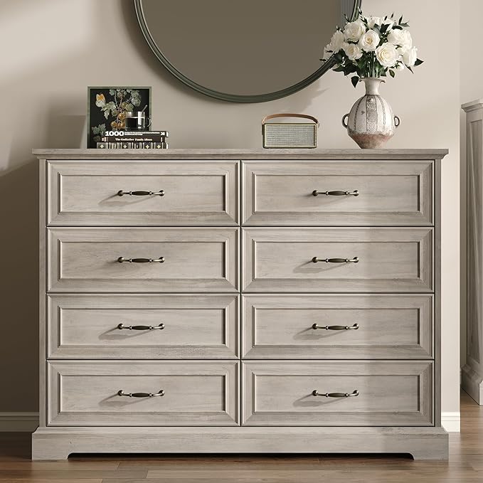 Farmhouse 8 Drawers Dresser for Bedroom, 48" Wide Modern Chest of Drawers with Deep Drawers & Bar Handles, Rustic Wood Dresser TV Stand, Wooden Closet Storage Organizer for Living Room, Hallway, Grey
