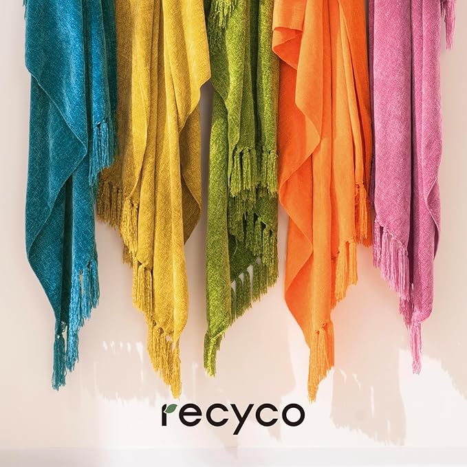 RECYCO Throw Blanket Soft Cozy Chenille Throw Blanket with Fringe Tassel for Couch Sofa Chair Bed Living Room Gift (Mustard Yellow, 50'' x 60'')