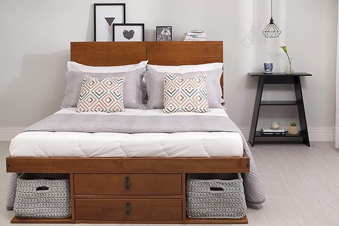 memomad Bali Storage Platform Bed with Drawers (Queen Size, Caramel Brown Wood)