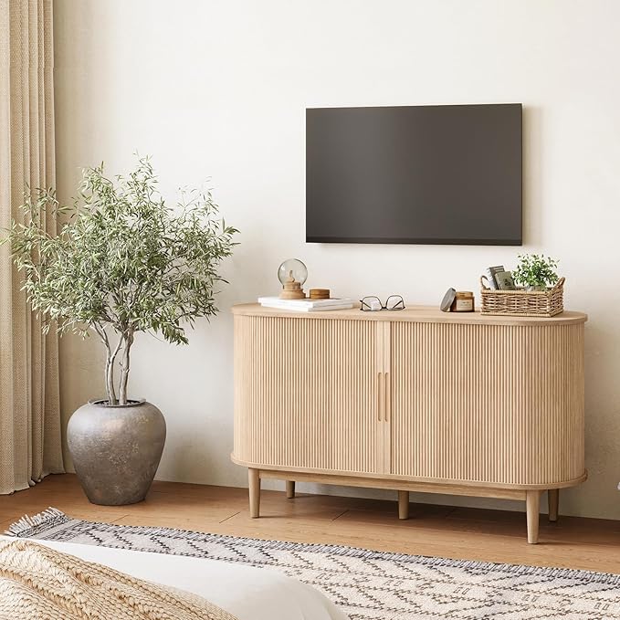 LINSY HOME Sideboard Buffet Cabinet with Storage, 55" Fluted Coffee Bar Cabinet with Tambour Sliding Doors and Drawer, Mid Century Modern Wood Storage Buffet Table for Kitchen, Living Room, Oak