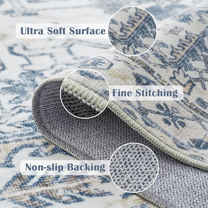 jinchan Lima Runner Rug 2x6 Washable Hallway Runner - Vintage Floral Non Slip Low-Pile Soft Ultra-Thin Kitchen Rug Distressed Carpet for Farmhouse Bedroom Entryway Laundry Room (2x6ft, Blue)