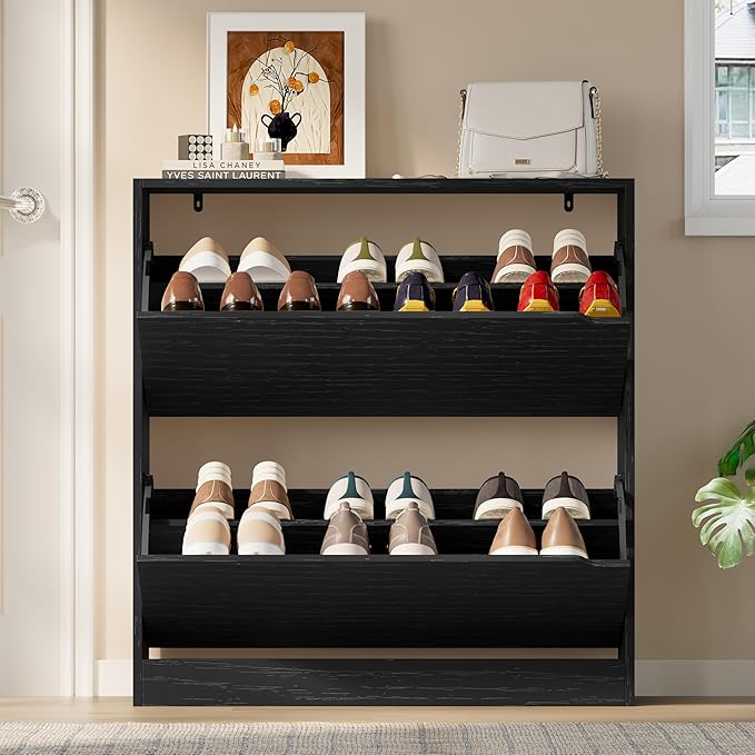 Shoe Cabinet with 2 Flip Drawers, Slim Narrow Shoe Storage Cabinet, Freestanding Shoe Organizer with Adjustable & Removable Shelves, Top Display Shelf for Entryway, Hallway, Foyer, Closet