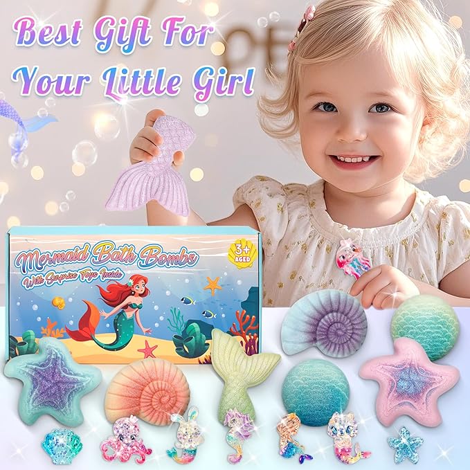 Mermaid Bath Bombs for Kids with Surprise Toys Inside, 8 Pcs Organic Natural Bubble Bath Bombs for Girls,Christmas Birthday Gift for 3 4 5 6 7 8 Year Old Girl,Princess Bath Bomb Kit with Mermaid Toys
