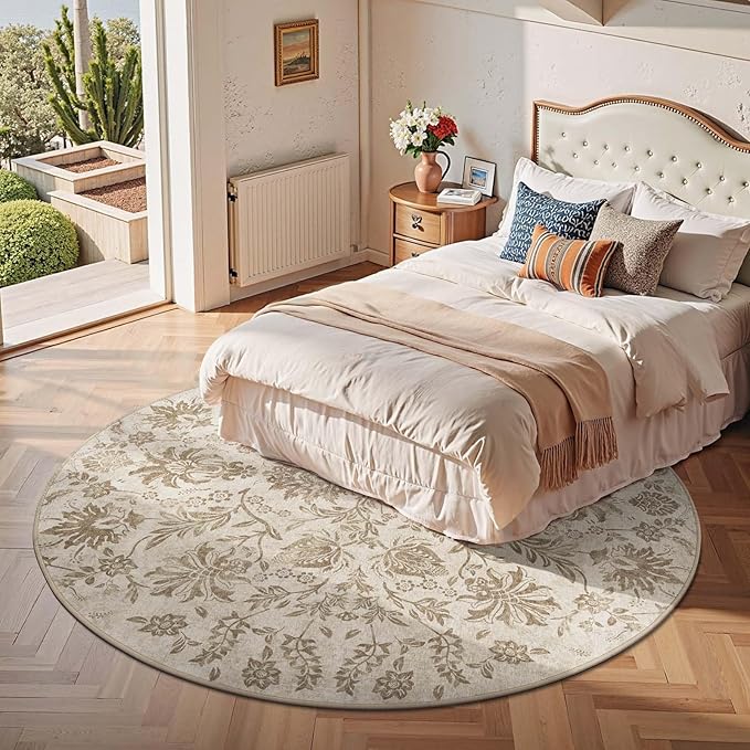 jinchan Torino Classic Floral Round Rug 7ft, Vintage-Inspired Neutral Design 7’Circle Rug, Machine Washable Ultra-Thin Low-Pile Non-Slip Indoor Carpet for Bedroom Dining Room Living Room, Taupe