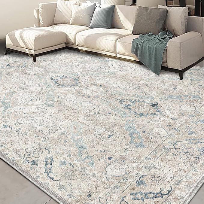 8x10 Area Rugs for Living Room, Machine Washable Non Slip Vintage Retro Rugs, Low Pile Lightweight Chenille Print Indoor Rug for Bedroom, Dining Room, Home Office(Grey/Blue/TAN/Teal/Green)